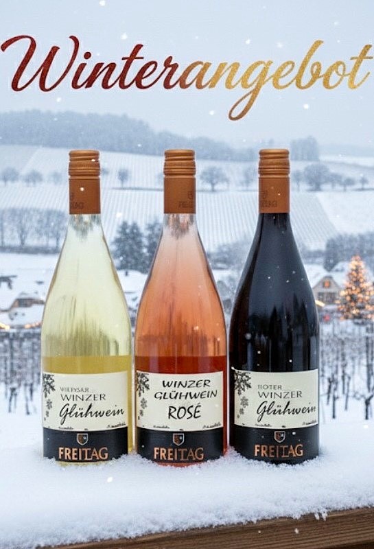 <br>Artikel-Nr.: 55<br>Winterangebot 12er Glühweinpaket bestehend aus jeweils 4 Flaschen Winzerglühwein Weiss, Rosé und Rot. (1,0ltr.je Flasche)<br>